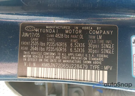 2005 Hyundai Tucson Gls/Lx from USA, damaged, VIN KM8JN72D65U228479